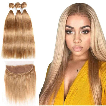 Beaudiva #27 Honey Blonde Straight 3 Bundles With Frontal Pre Colored 100% Human Hair